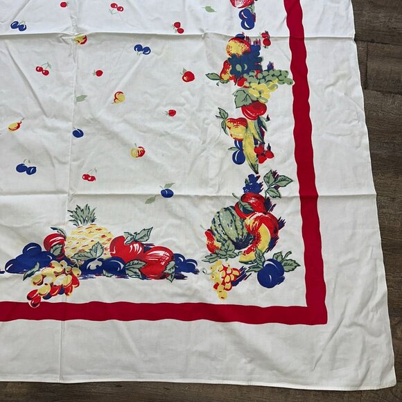 Vtg 40s 50s Wilendur Tablecloth Red Blue Fruit Pineapple Watermelon Cherries - Picture 8 of 9
